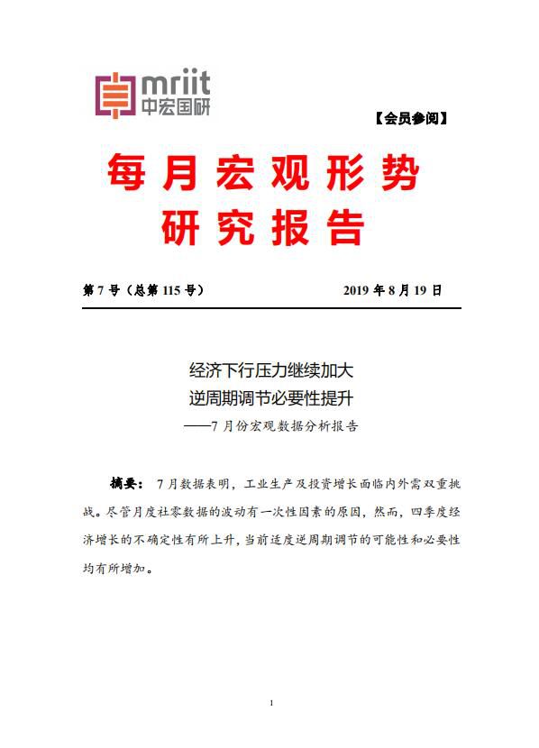 中宏国研月度宏观经济研究报告 2019年第7号（总115号）