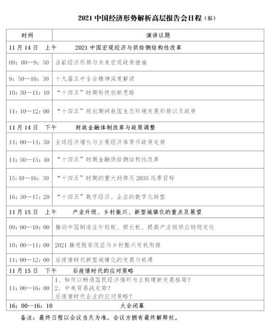 2021中国经济形势高层报告会最新会议日程